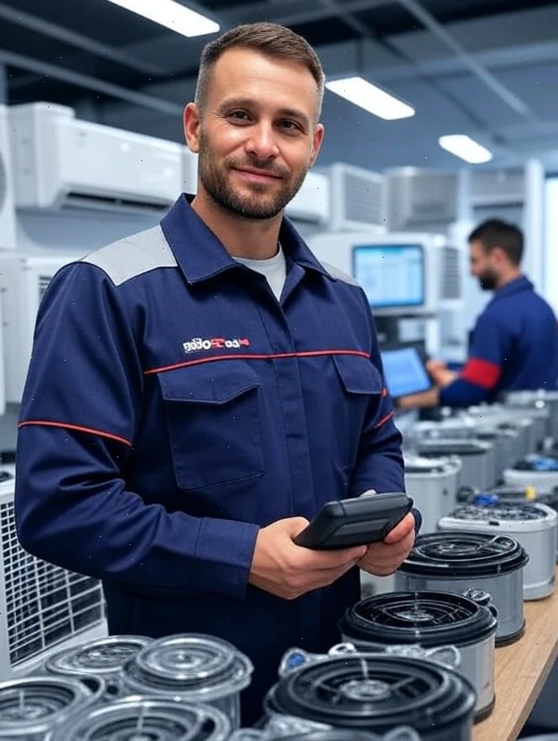Technik opravuje klimatizáciu v modernom byte v Bratislave